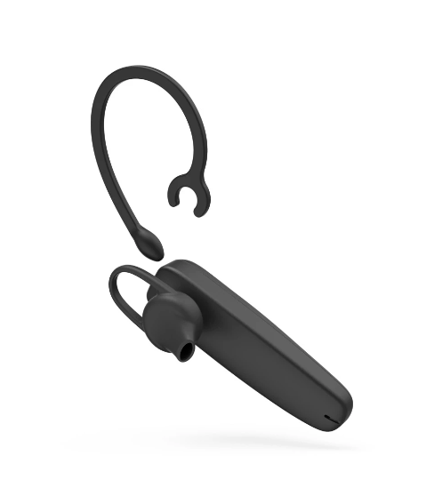 Czarny zestaw słuchawkowy Bluetooth z pałąkiem na ucho, unoszący się na białym tle.