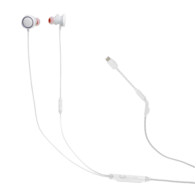 Białe słuchawki JBL z czerwonymi końcówkami i złączem USB-C.