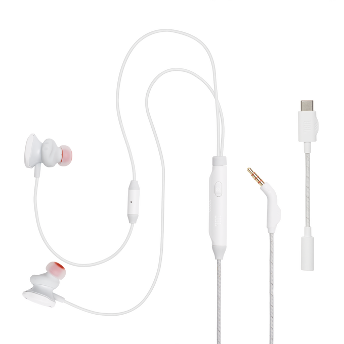 Białe słuchawki douszne z plecionym kablem, wbudowanymi kontrolkami i złączem USB-C.