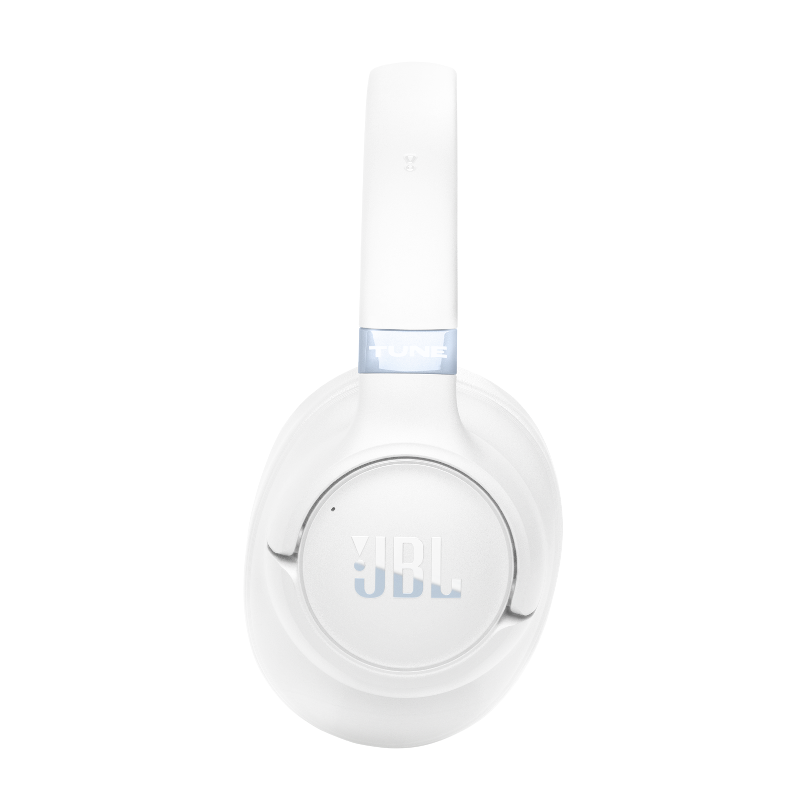 Białe słuchawki z niebieskim logo i napisem JBL.