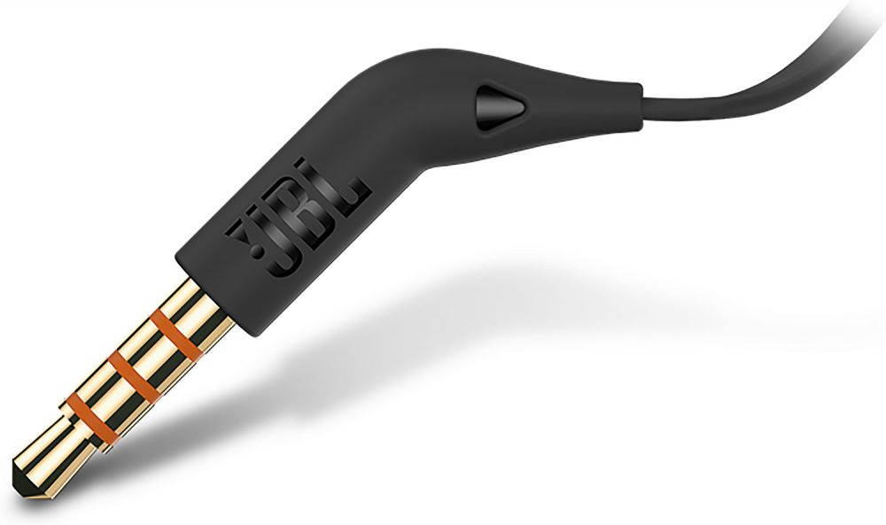 Złota wtyczka audio 3,5 mm z czarnymi słuchawkami i kablem JBL.