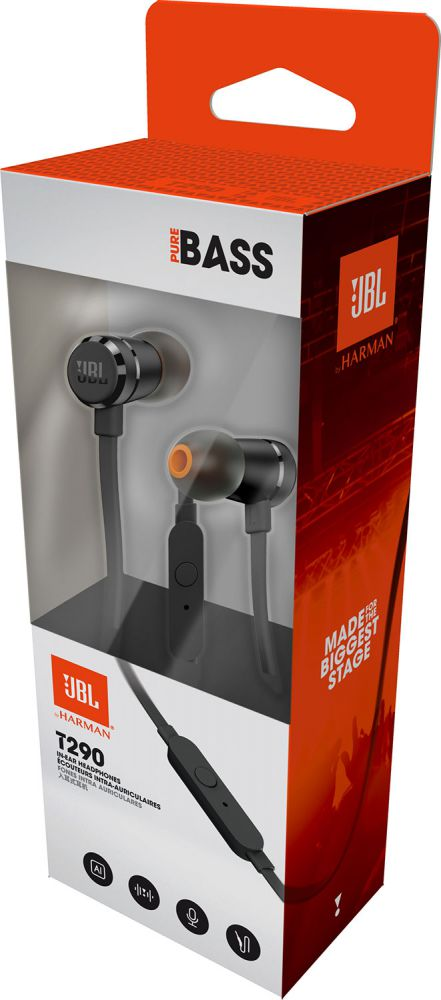 Opakowanie słuchawek dousznych JBL T290 z technologią Pure Bass.