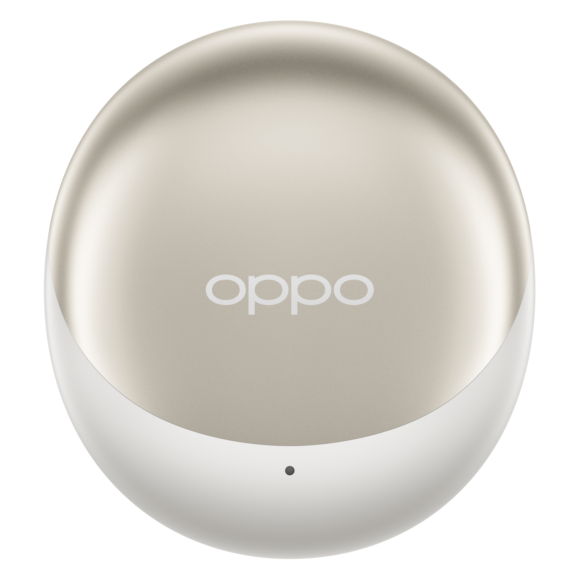 Złote, okrągłe etui ładujące z logo OPPO i małą czarną kropką.