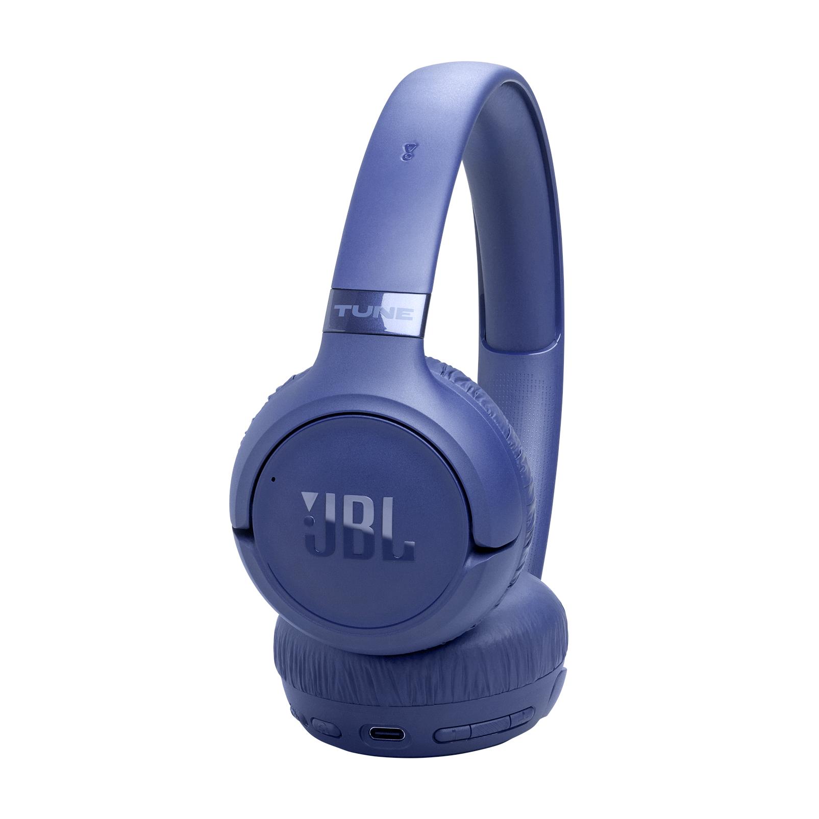 Niebieskie słuchawki JBL z napisami "TUNE" i "JBL" na czarnym tle.