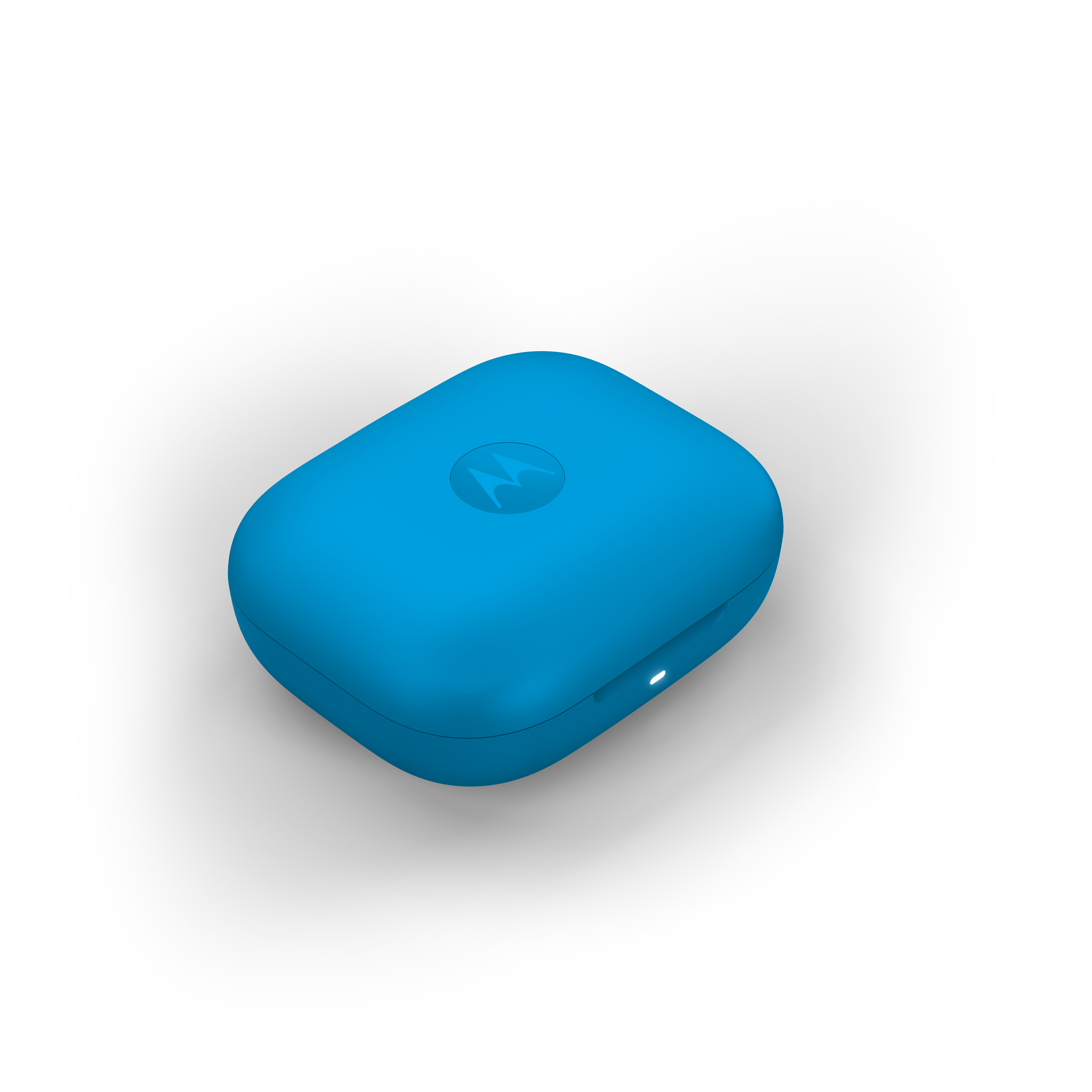 Niebieskie etui ładujące Motorola z logo i małym wskaźnikiem LED.