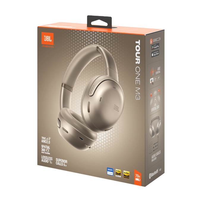 Słuchawki JBL Tour One M3 na złotym pudełku z cechami produktu.