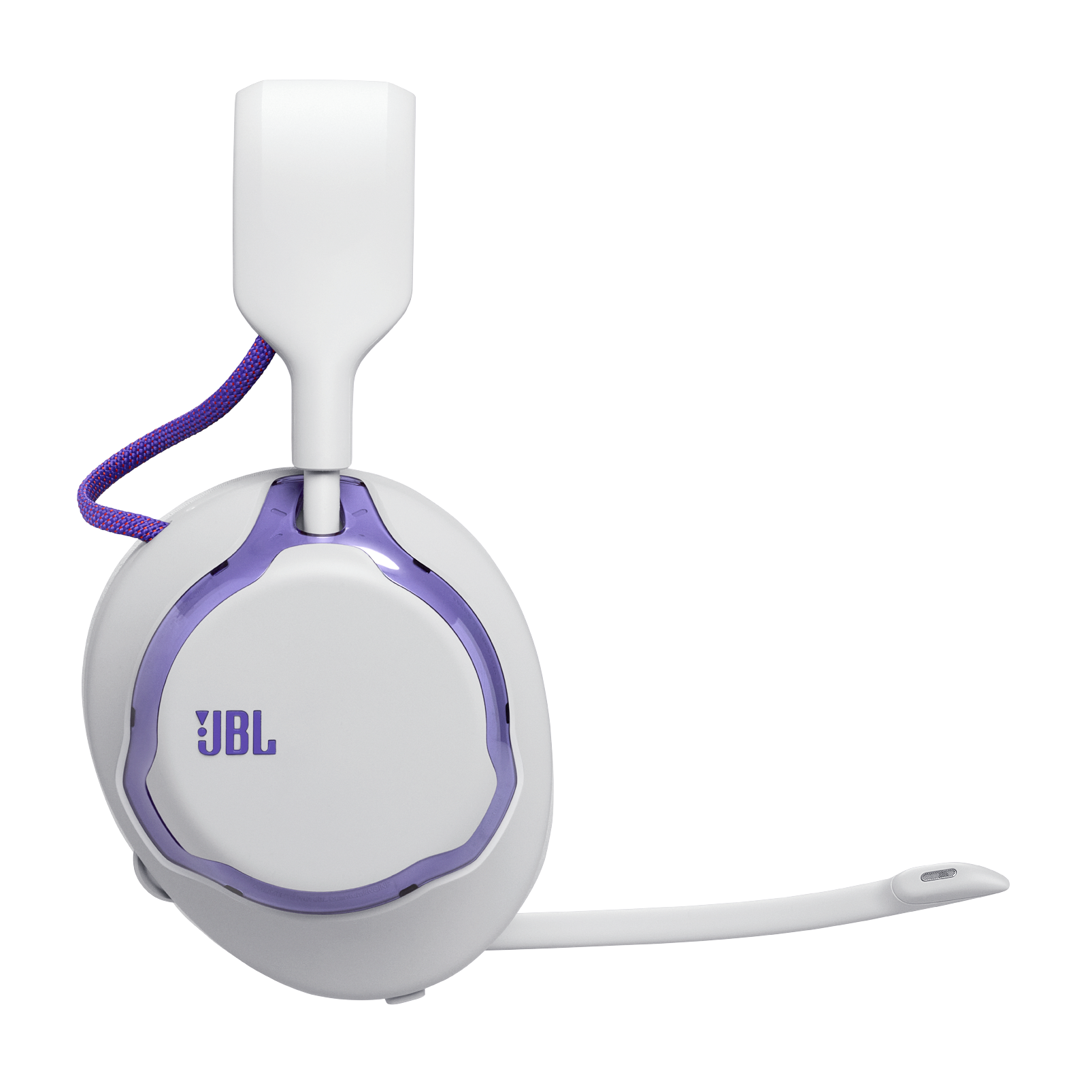 Białe słuchawki z fioletowymi akcentami i logo JBL.