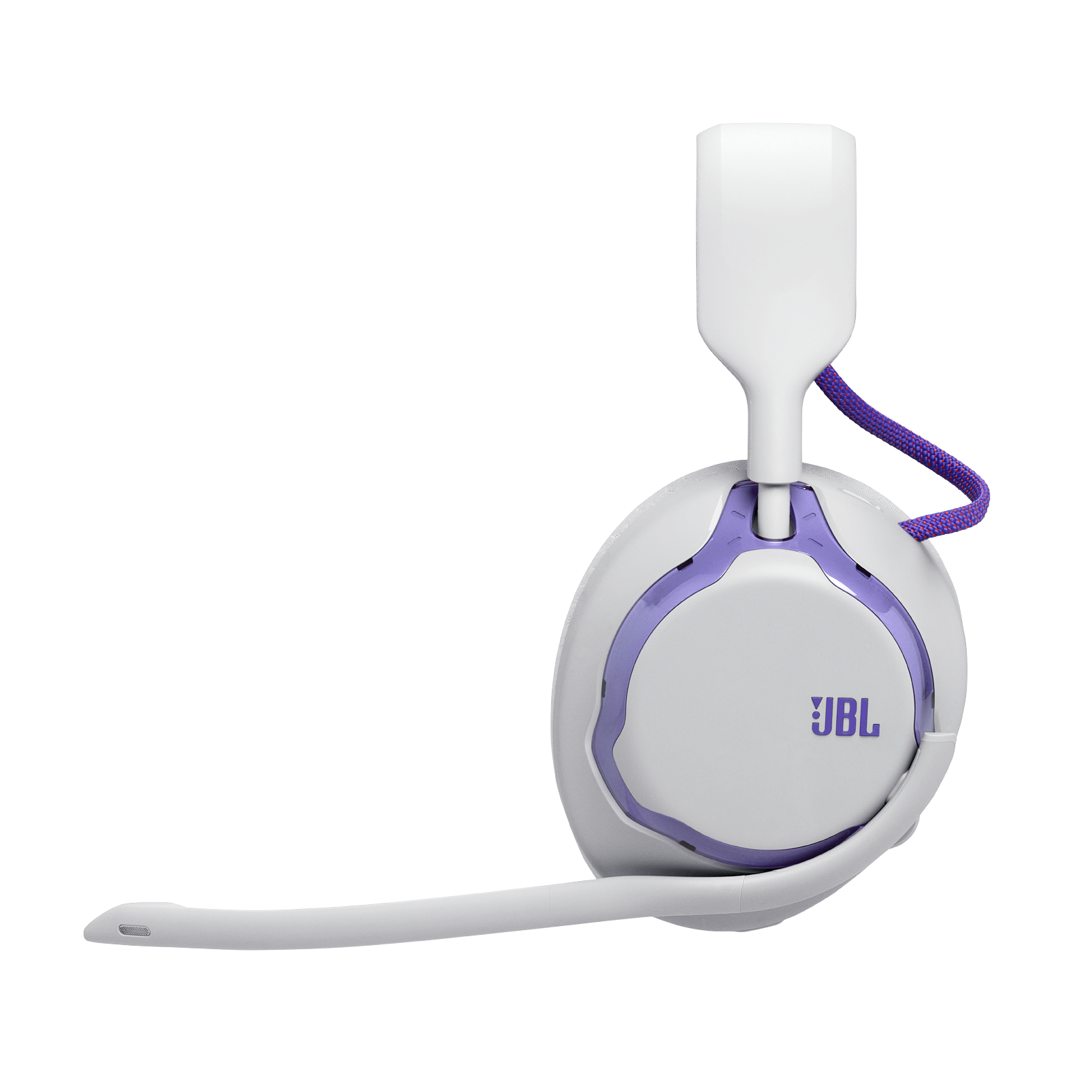 Białe słuchawki z fioletowymi akcentami i mikrofonem, logo JBL.