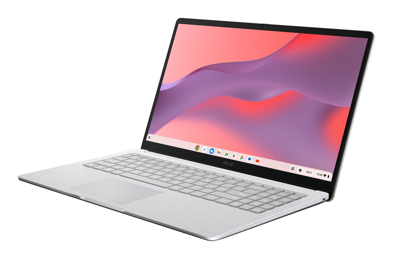 Un portátil plateado con teclado y panel táctil, abierto con un fondo de pantalla colorido.