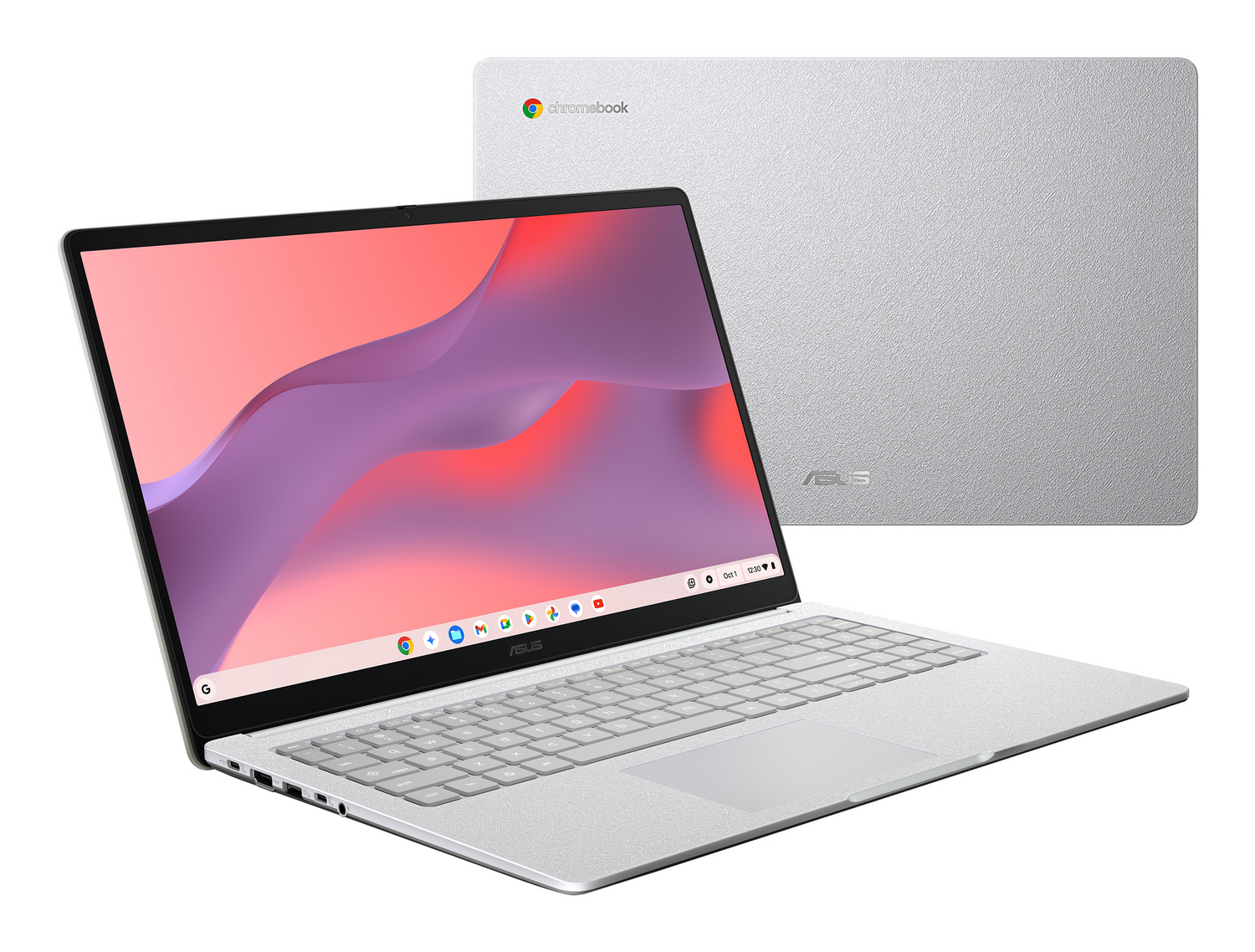 Un Chromebook Asus plateado con la pantalla abierta y el teclado visible.