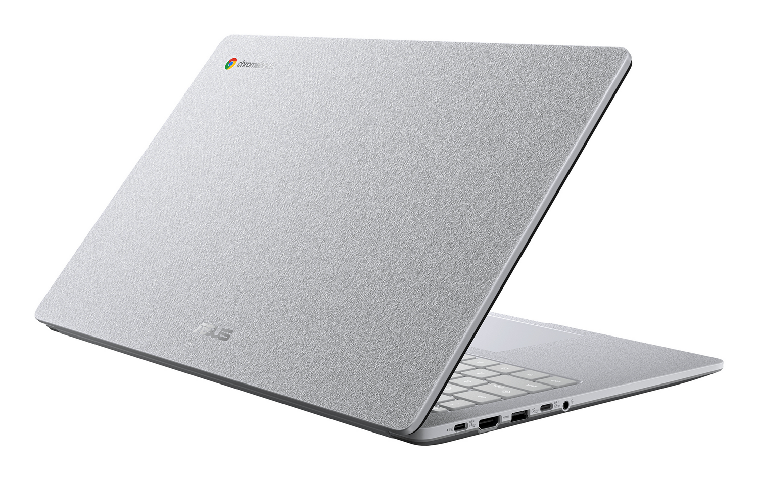 Un portátil Chromebook plateado con logo ASUS y logo Chromebook.