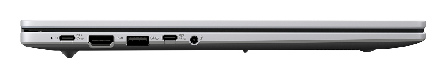 Vista lateral de un portátil mostrando puertos: USB-C, HDMI, USB-A y conector de audio.