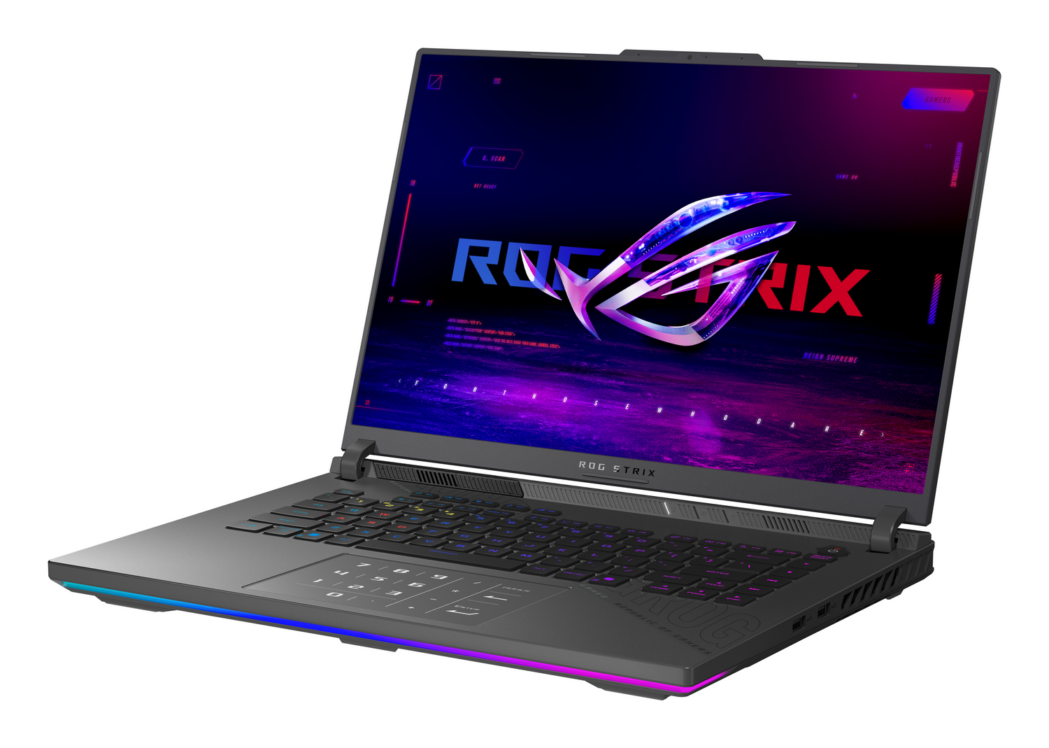 Un portátil abierto para juegos con el logo de ROG en pantalla y teclado iluminado.