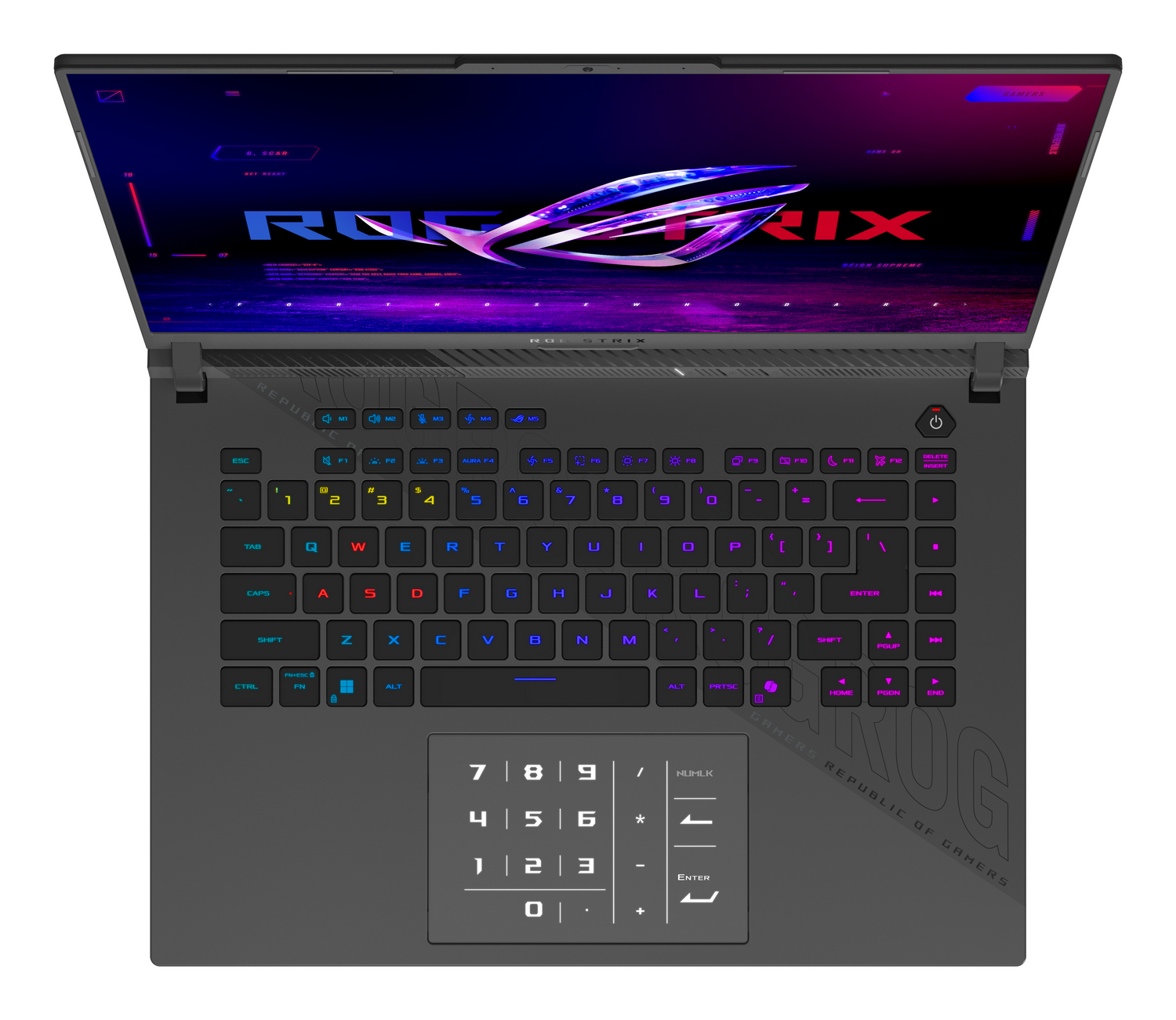 Un portátil abierto con teclado retroiluminado y logo ROG en pantalla.