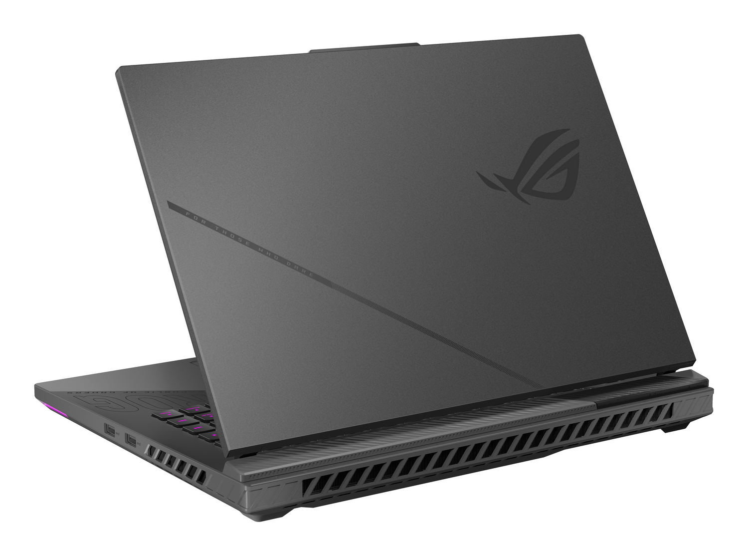 Un portátil oscuro con la pantalla abierta, mostrando el logo ROG y teclado retroiluminado.