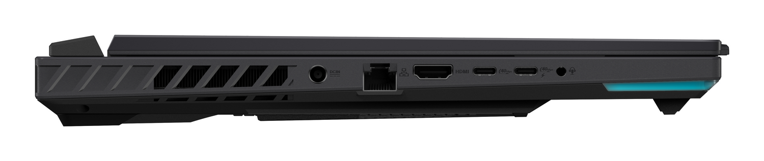 Vista lateral de portátil negro mostrando puertos: DCIN, Ethernet, HDMI, USB-C, jack auriculares.