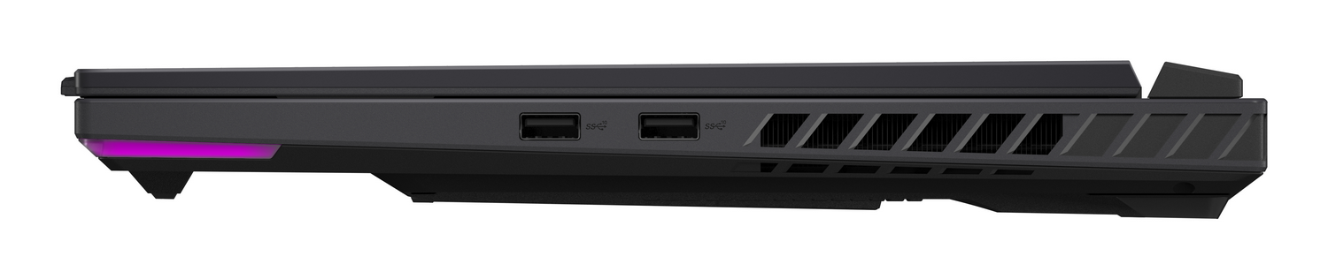 Lateral de portátil negro con puertos USB y rejillas, acento púrpura.