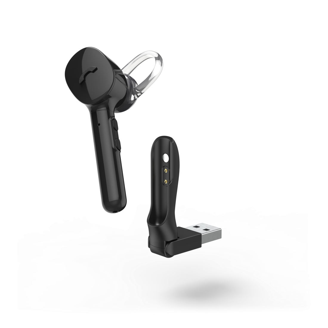 Czarny douszny Bluetooth z przezroczystym zaczepem i etui ładującym z USB.