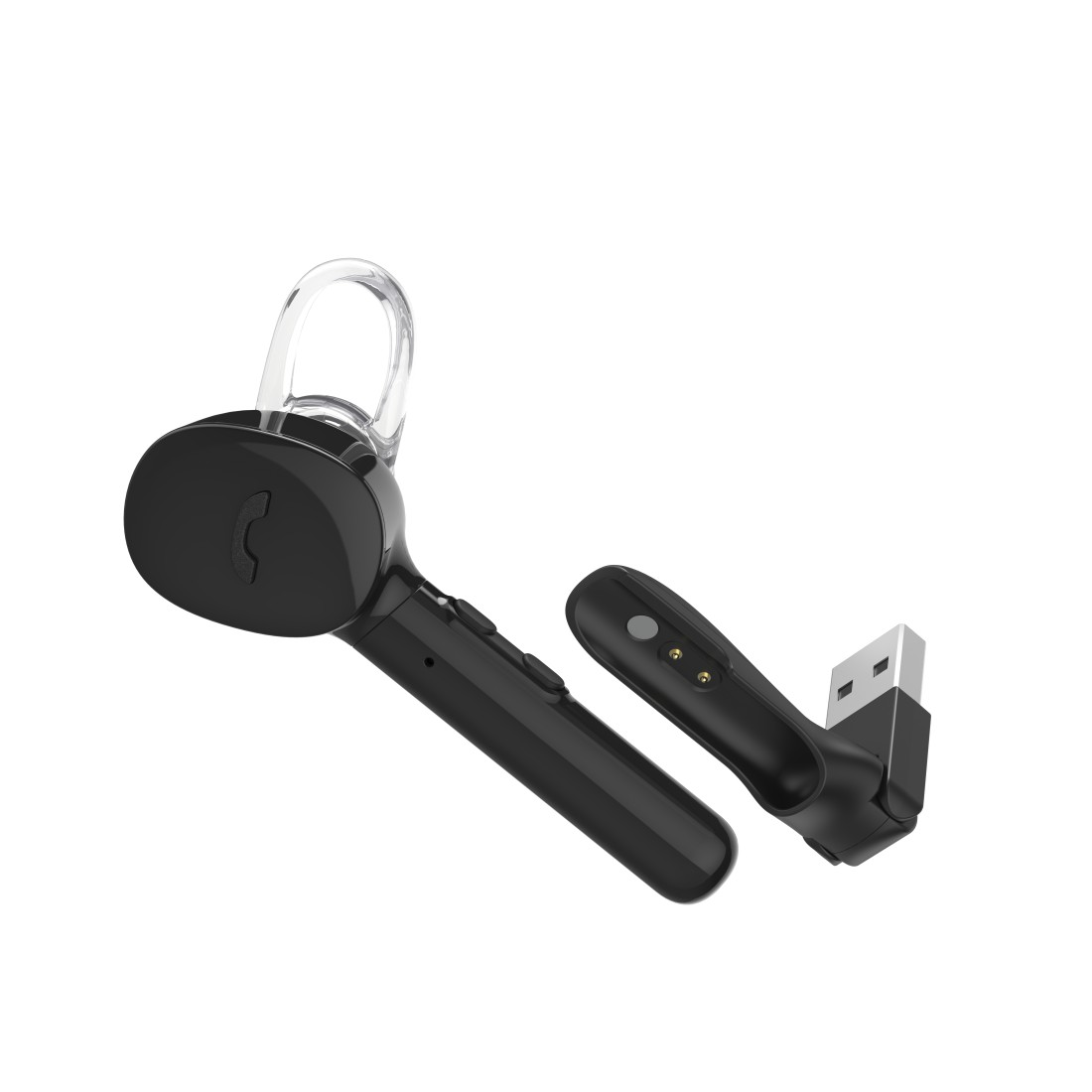 Czarny zestaw słuchawkowy z przezroczystym pałąkiem na ucho i adapterem USB.