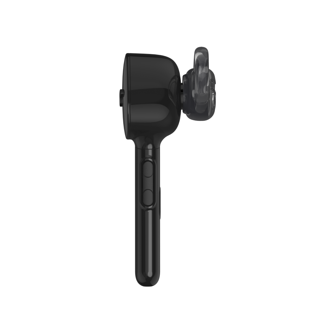 Pojedyncza czarna słuchawka Bluetooth z przezroczystym zaczepem na ucho i dwoma przyciskami.