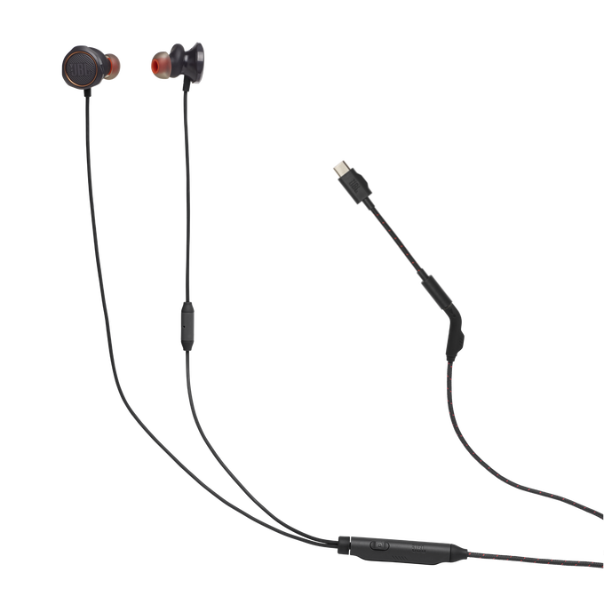 Czarne słuchawki JBL ze złączem USB-C i pomarańczowymi akcentami.