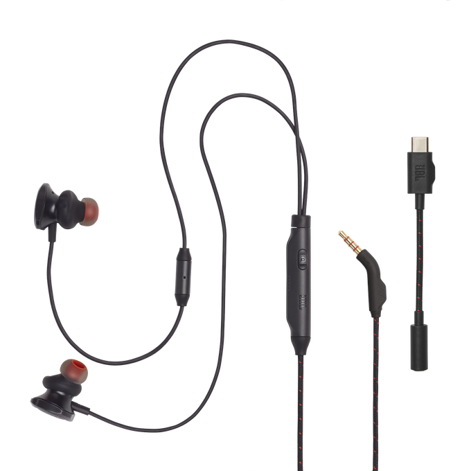 Czarne słuchawki JBL z czerwonymi akcentami, adapterem USB-C i wtykiem 3,5 mm.