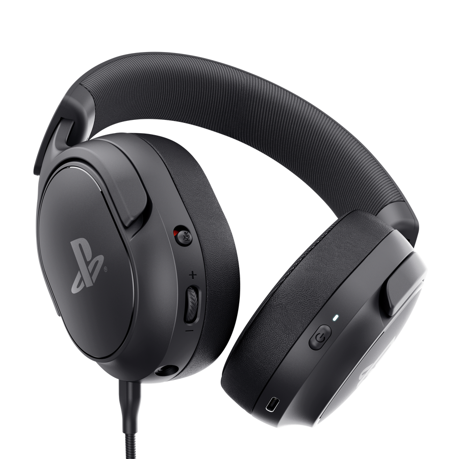 Czarny zestaw słuchawkowy z logo PlayStation, przyciskiem wyciszenia mikrofonu i regulacją głośności.