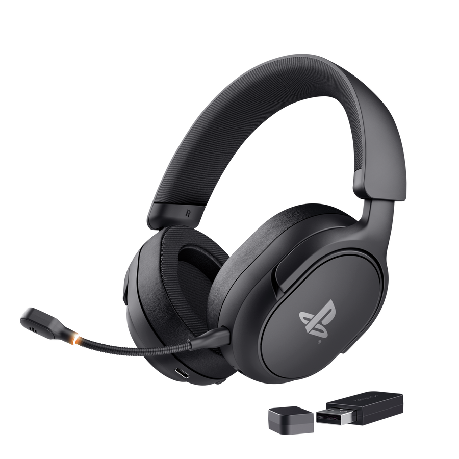 Czarne słuchawki gamingowe PlayStation z mikrofonem i adapterem USB.
