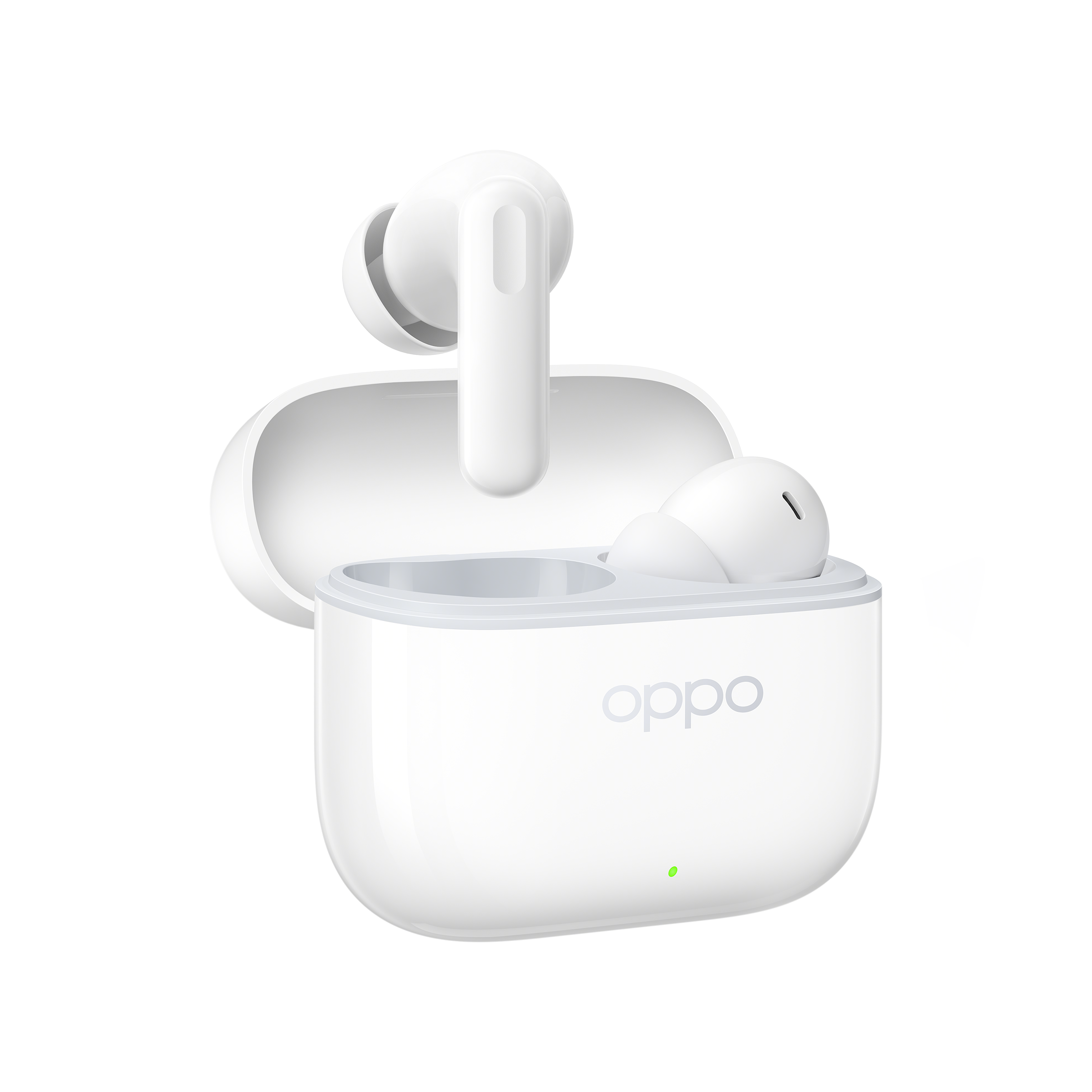 Białe słuchawki OPPO w otwartym etui ładującym z zielonym światłem.