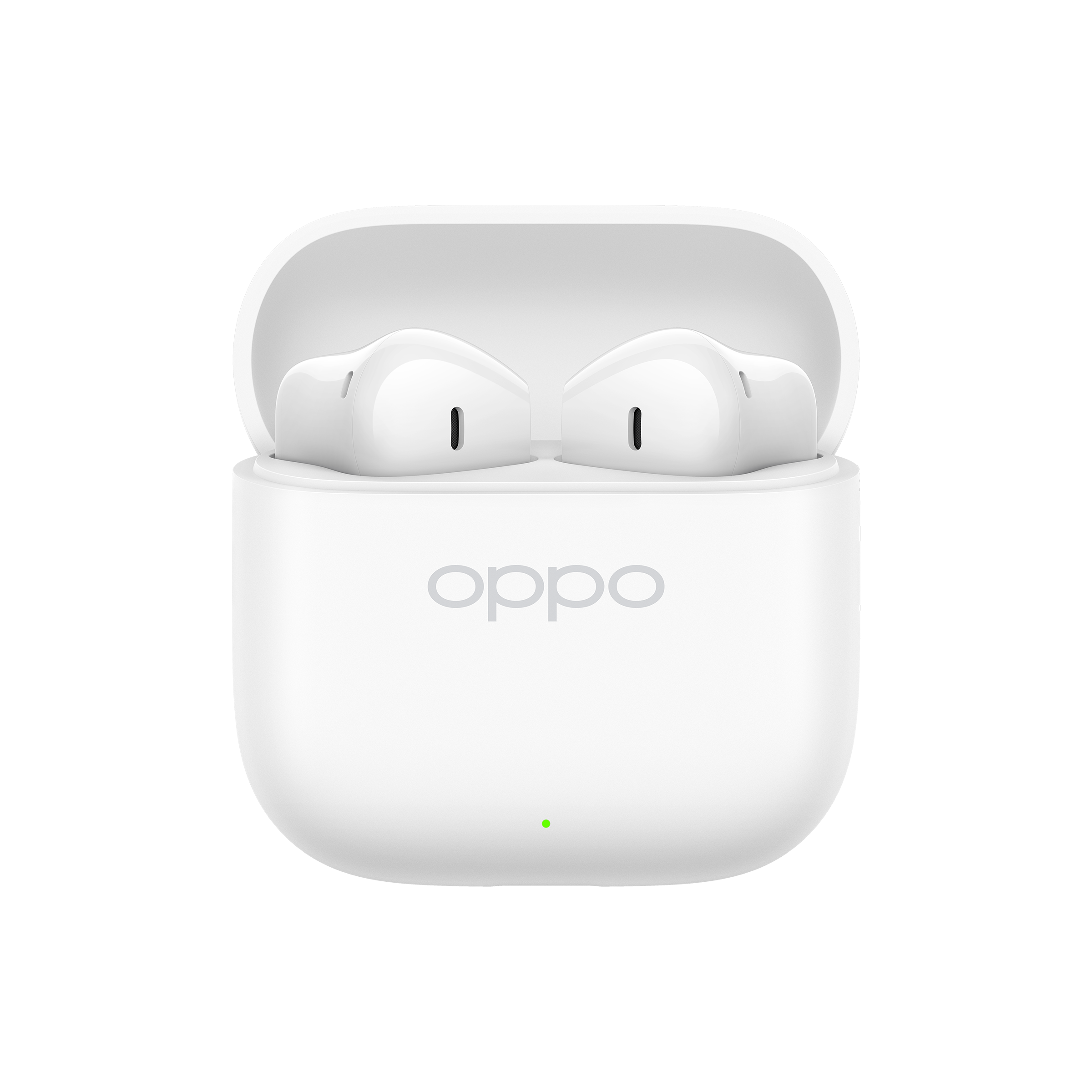 Białe słuchawki Oppo w otwartym etui ładującym z zielonym światłem.