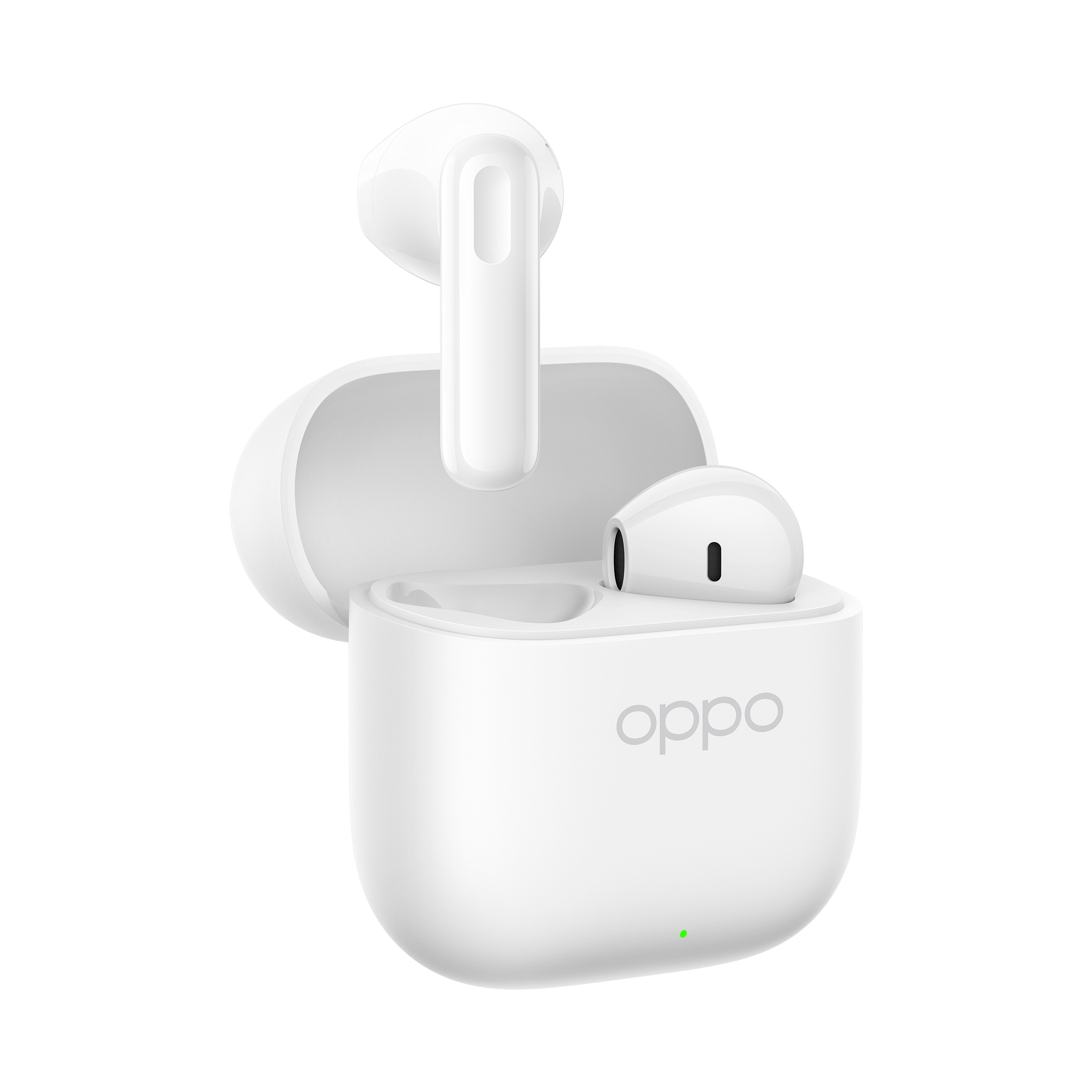 Białe słuchawki Oppo w otwartym etui ładującym z zielonym światłem.