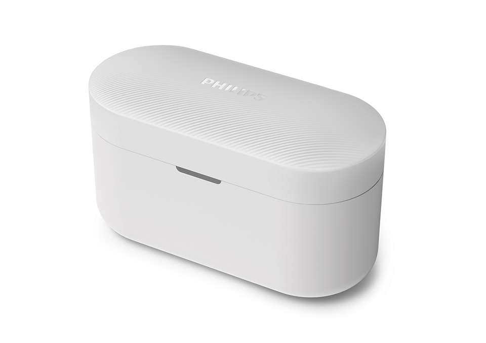 Białe etui ładujące Philips do słuchawek z prążkowaną pokrywą.