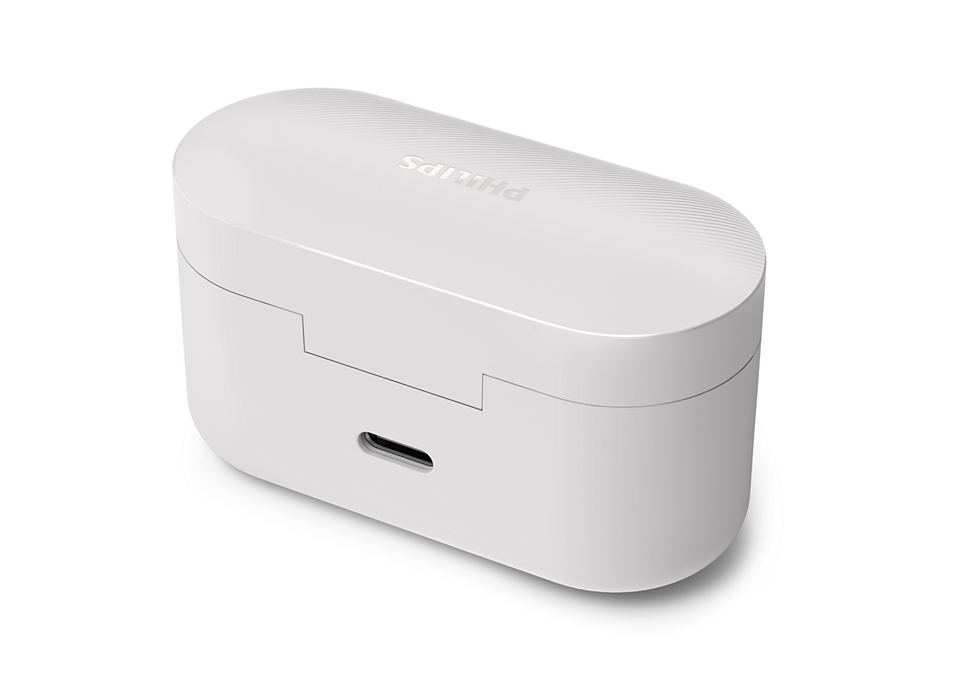 Białe etui ładujące do słuchawek z logo Philips i portem USB-C.