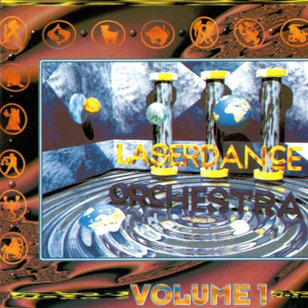 Albumcover mit Sternzeichen, Säulen und Erdglobus. Titel: Laserdance Orchestra, Volume 1.