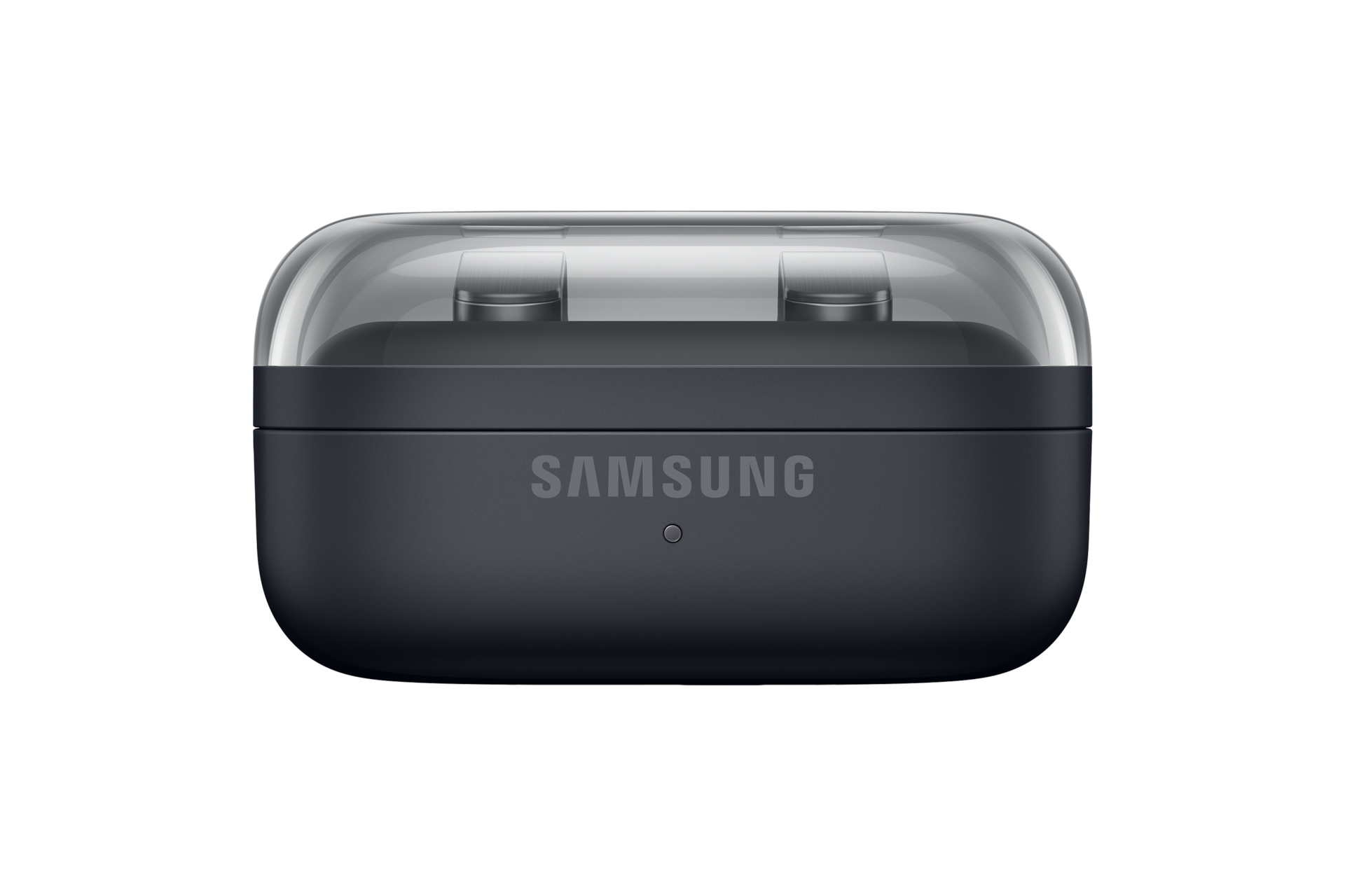 Zamknięte, ciemnoszare etui ładujące Samsung do słuchawek bezprzewodowych.