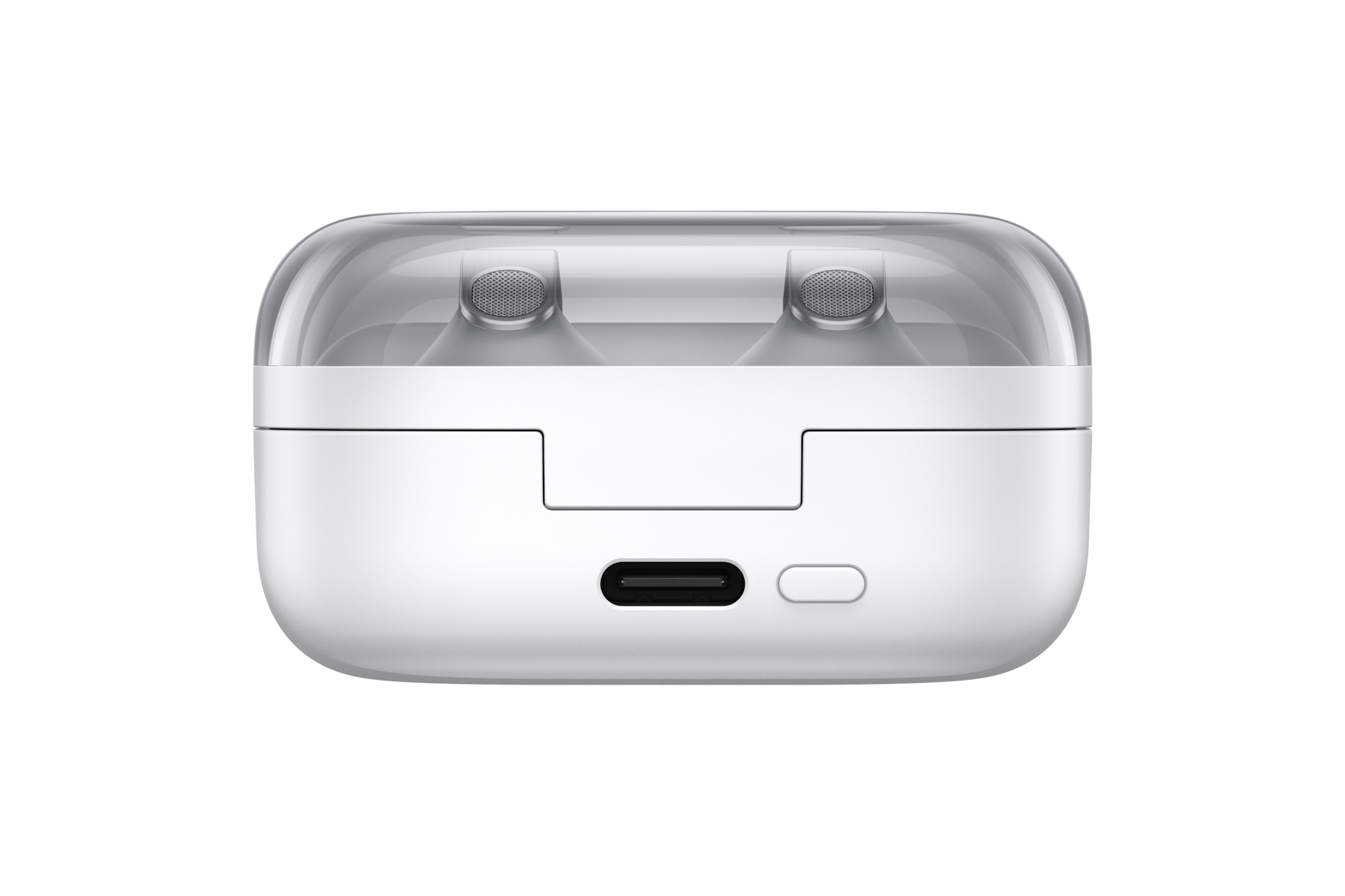 Białe etui ładujące z przezroczystą pokrywą, dwoma słuchawkami i portem USB-C.