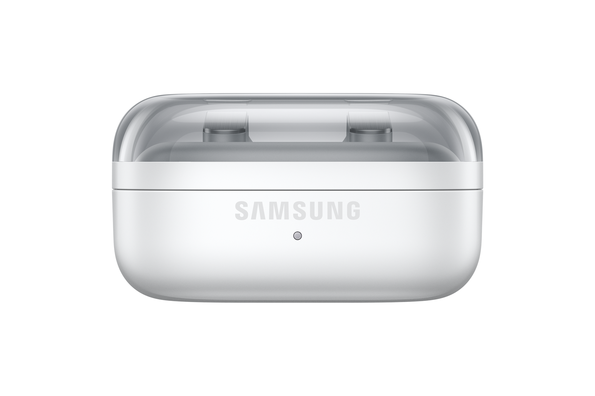 Białe etui ładujące Samsung do słuchawek bezprzewodowych z przezroczystą pokrywą.