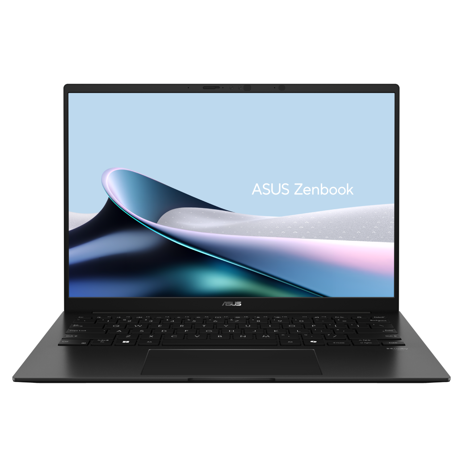Un portátil Asus Zenbook negro abierto mostrando un fondo de pantalla abstracto.