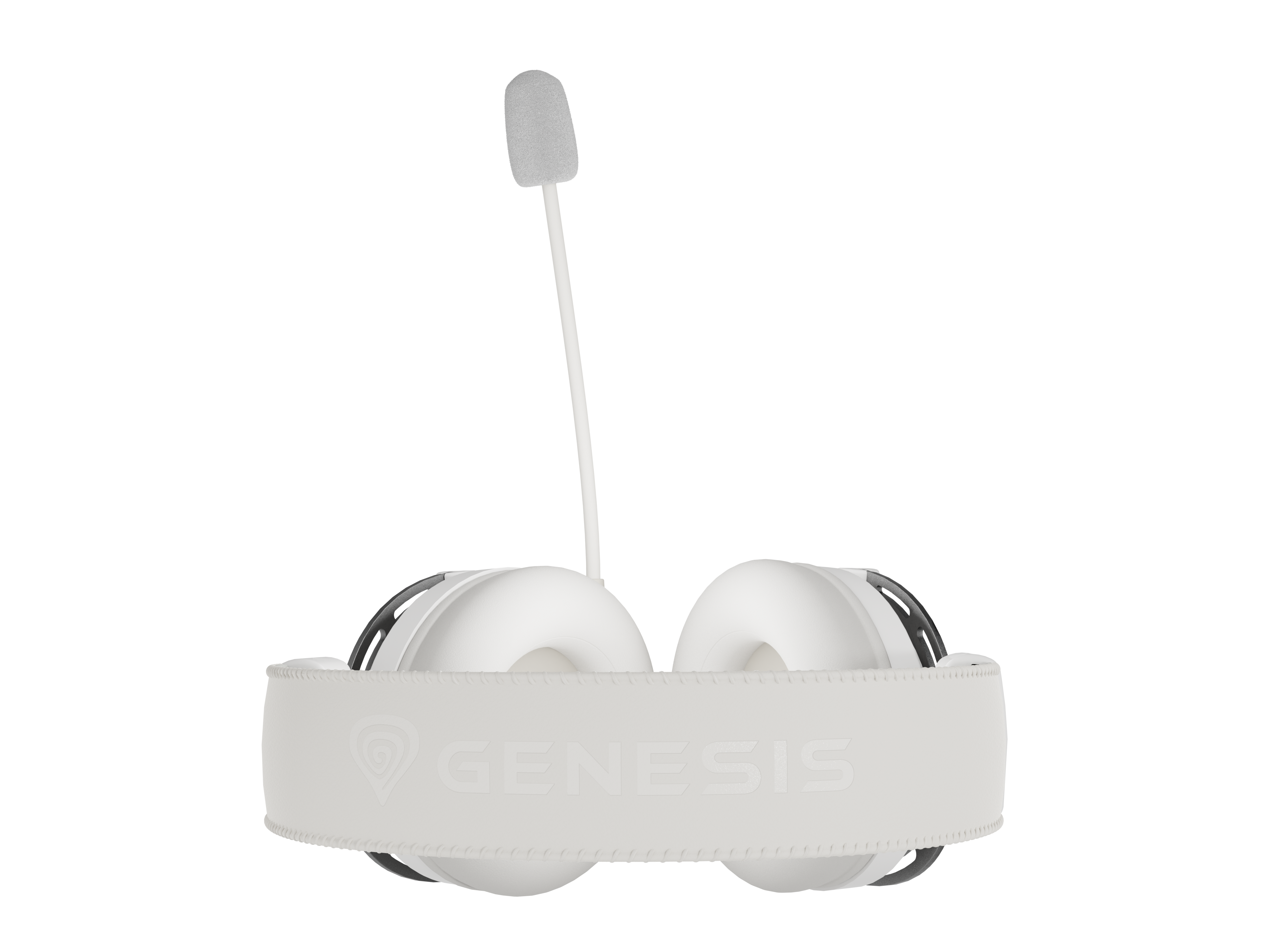 Białe słuchawki z mikrofonem i logo Genesis.
