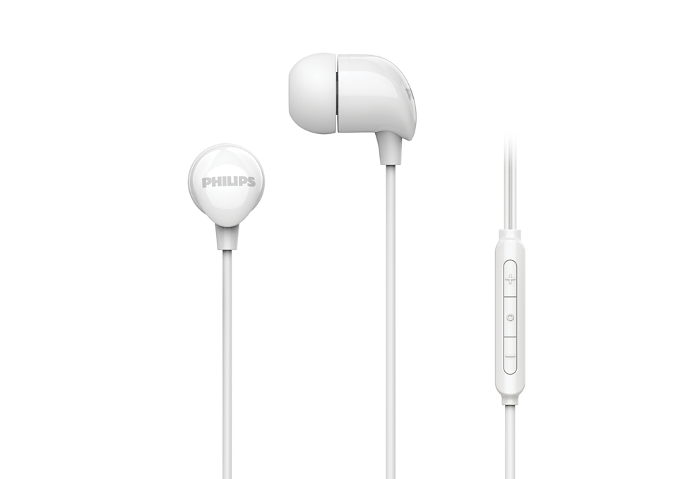Białe słuchawki Philips z pilotem na białym tle.