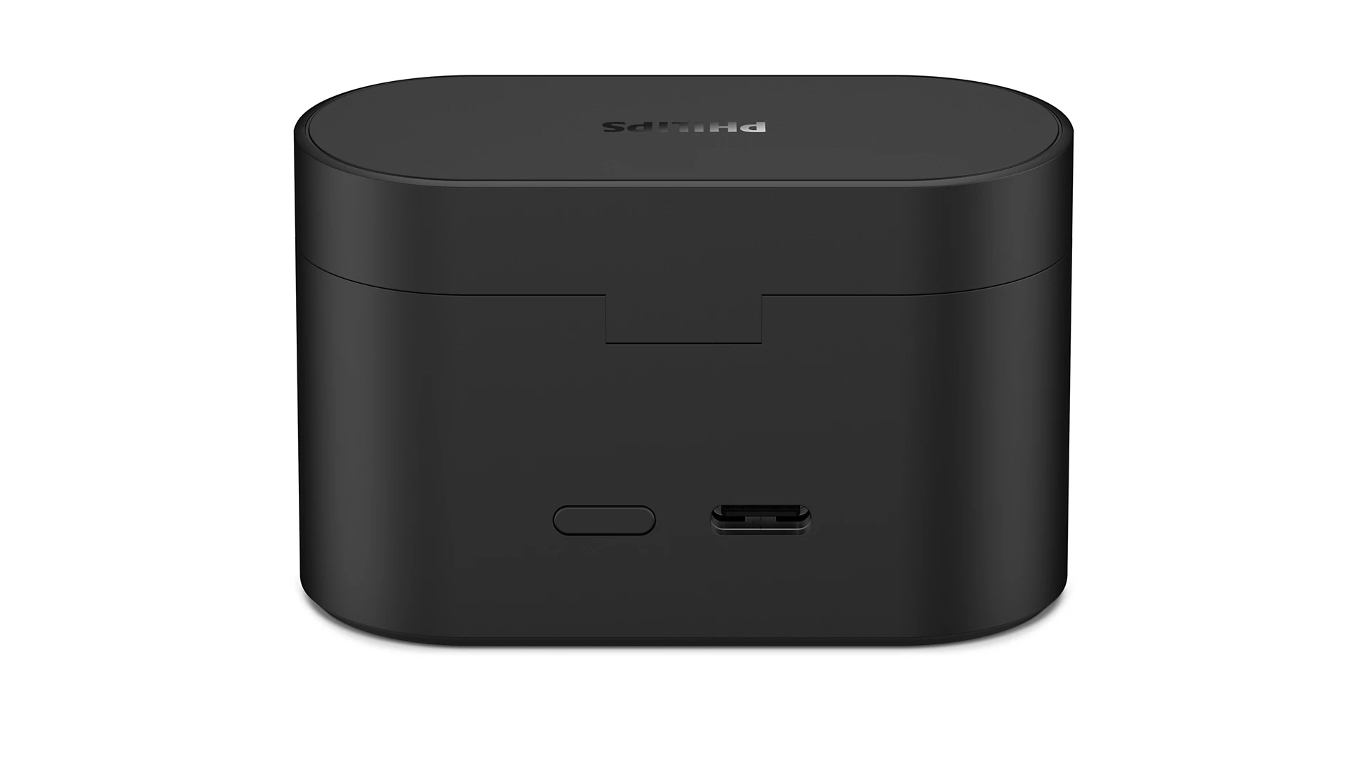 Czarne etui ładujące do słuchawek z portem USB-C i logo Philips.