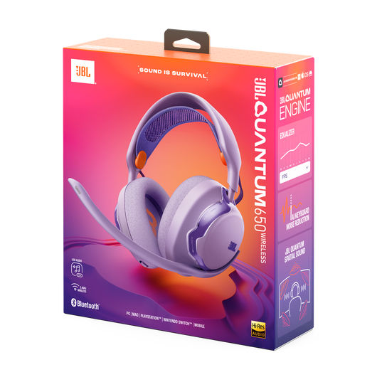 Fioletowe słuchawki JBL Quantum 650 Wireless na pudełku z gradientem.