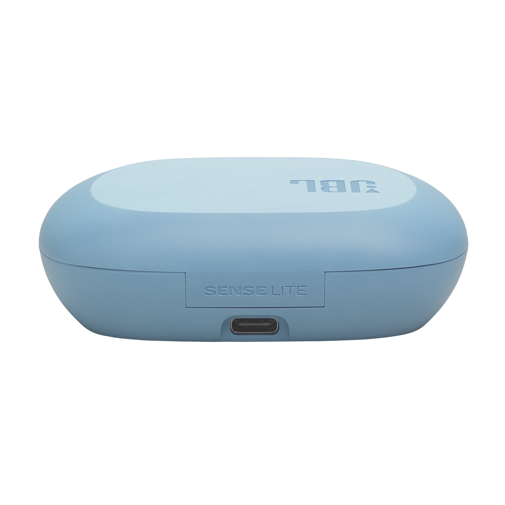 Jasnoniebieskie etui ładujące JBL z portem USB-C i napisem "SENSE LITE".