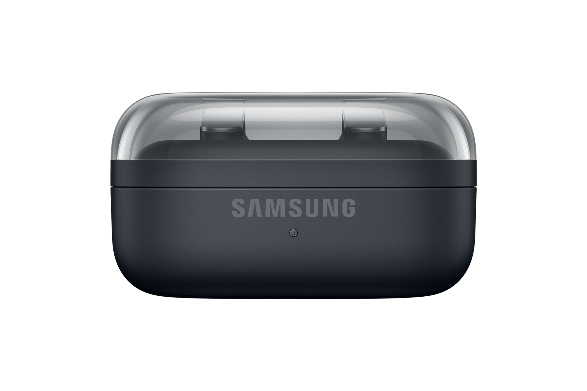 Ciemnoszare etui ładujące Samsung do słuchawek bezprzewodowych z przezroczystą pokrywą.