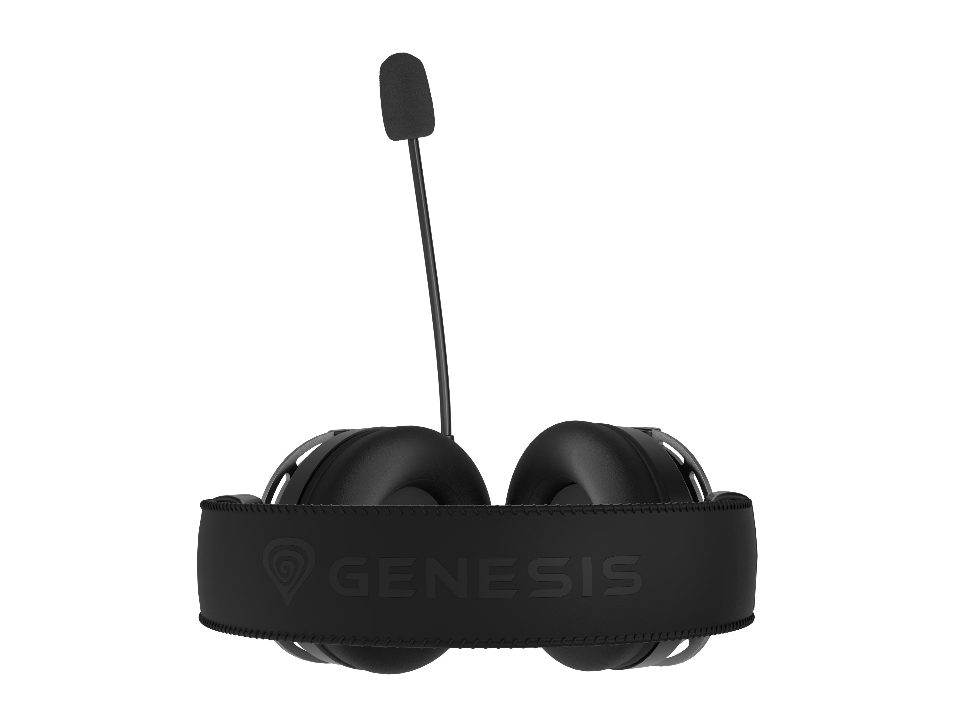 Czarne słuchawki z mikrofonem i logo Genesis na pałąku.