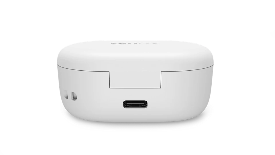 Białe etui ładujące do słuchawek z portem USB-C i otworami.