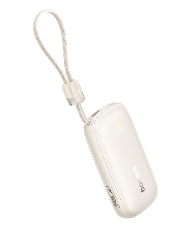 Krem rengi, %100 pil göstergeli, kordonlu ve USB-C portlu powerbank.