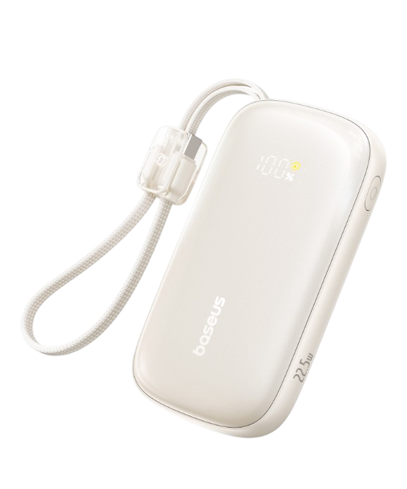 Beyaz Baseus powerbank, kordonlu ve %100 şarj göstergeli.
