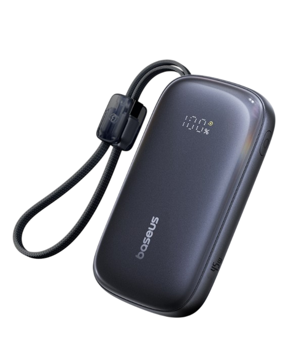 Koyu gri Baseus powerbank, kordonlu ve %100 şarj göstergeli.