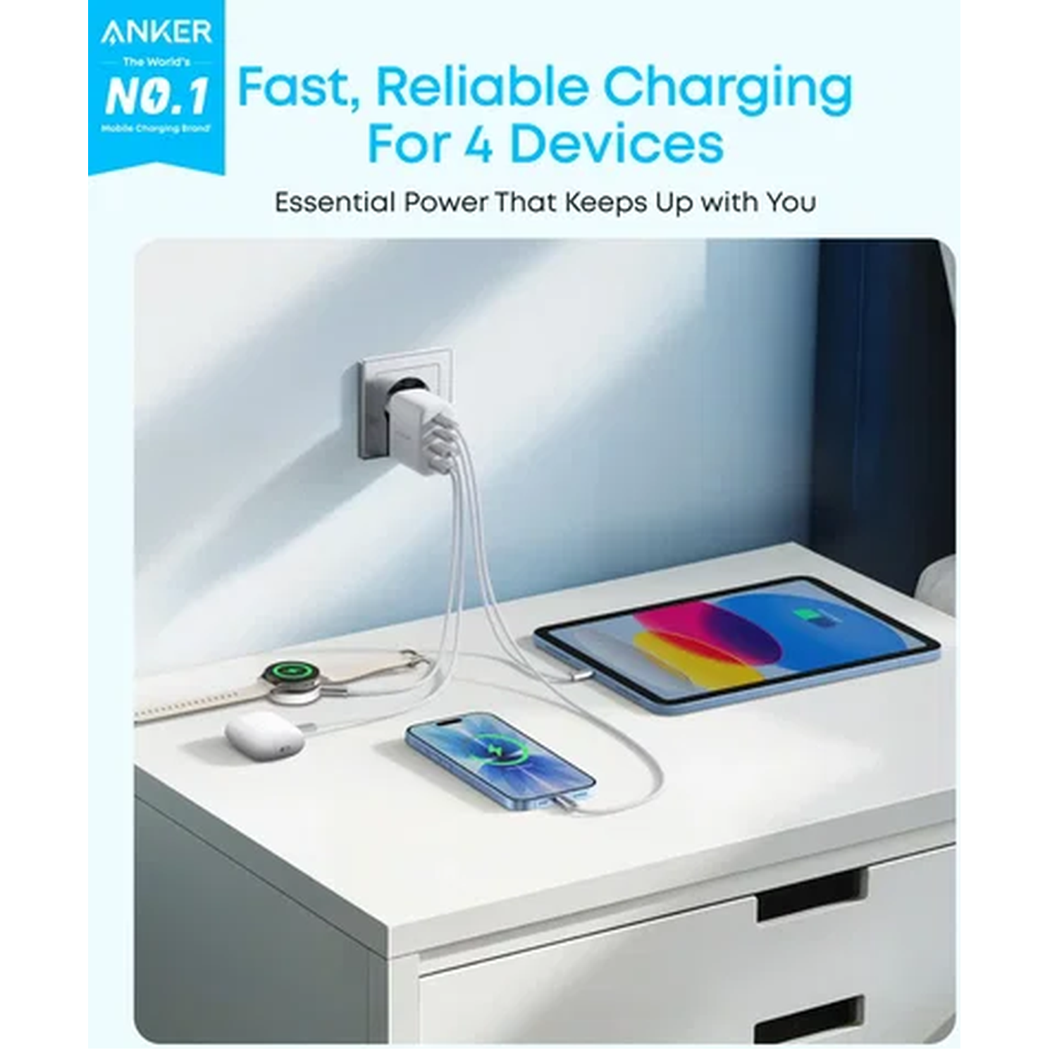 Anker charger powers phone, tablet, watch, and earbuds on a white nightstand.
